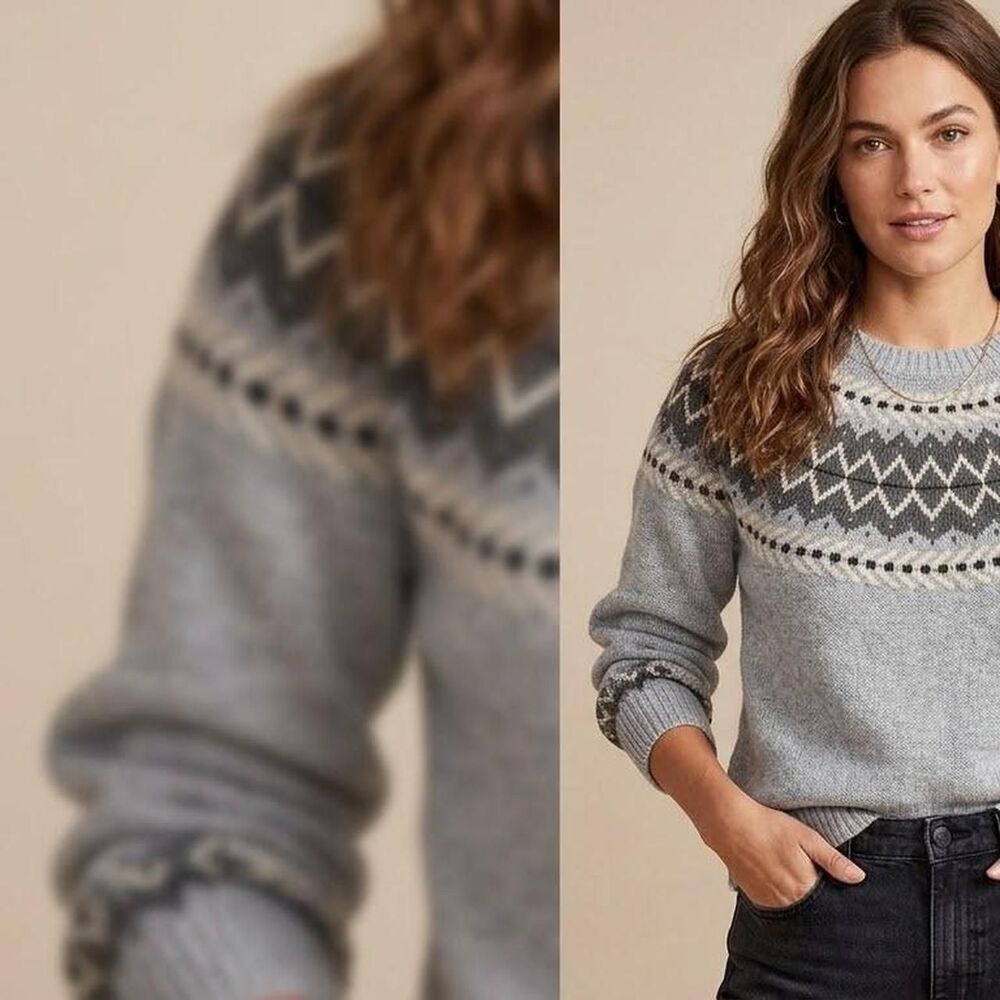 Vtg Fair Isle Yoke Knit Sweater iGrey Medium cabincore Nordic coastal cozy